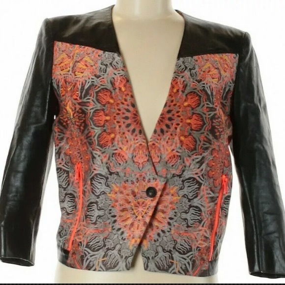 Helmut Lang Leather Jacket 6 Coat Small Black crop Orange Tiger Medallion - Picture 8 of 13